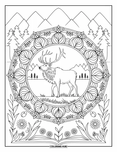 Desen de colorat cu wapiti pentru adulți: Wapiti într-o mandalā florală cu viță de vie, frunze și un fundal liniștit de pădure