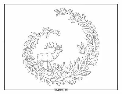 Desen de colorat cu wapiti pentru adulți: Wapiti privind spre cer într-un design cu frunze în spirală, centrat într-o scenă forestieră decorativă