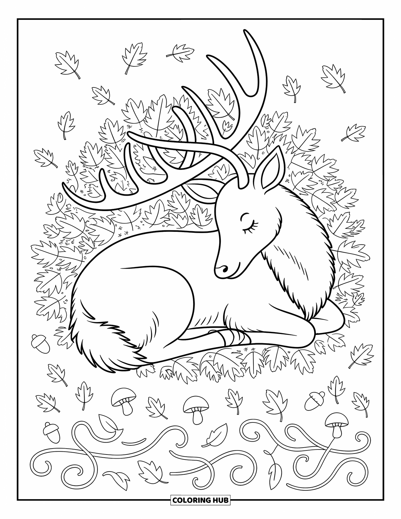 Elk Coloring Page for Adults: Elk snoozes among leaves and vines with acorns and mushrooms nestled nearby
