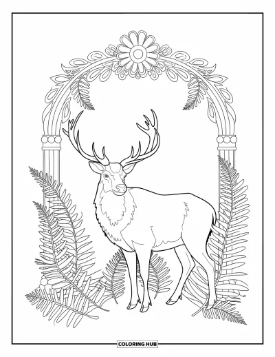 Desen de colorat cu wapiti pentru adulți: Wapiti stând calm în ferigă sub o boltă florală pe un fundal simplu