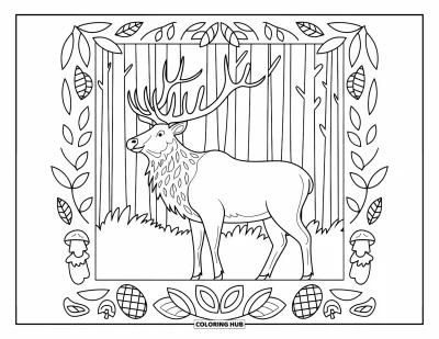Desen de colorat cu wapiti pentru adulți: Wapiti înconjurat de frunze de pădure, conuri de brad și ciuperci într-o scenă forestieră