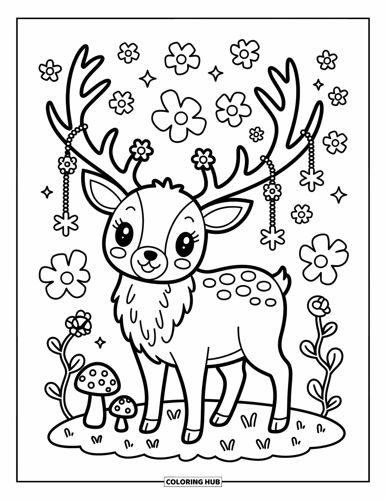Elk Coloring Page for Adults: Elk stands tall on mossy ground with floral-decorated antlers and tiny mushrooms