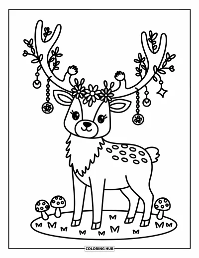 Desen de colorat cu wapiti pentru adulți: Wapiti cu o coroană florală stând calm pe podeaua acoperită de mușchi a pădurii