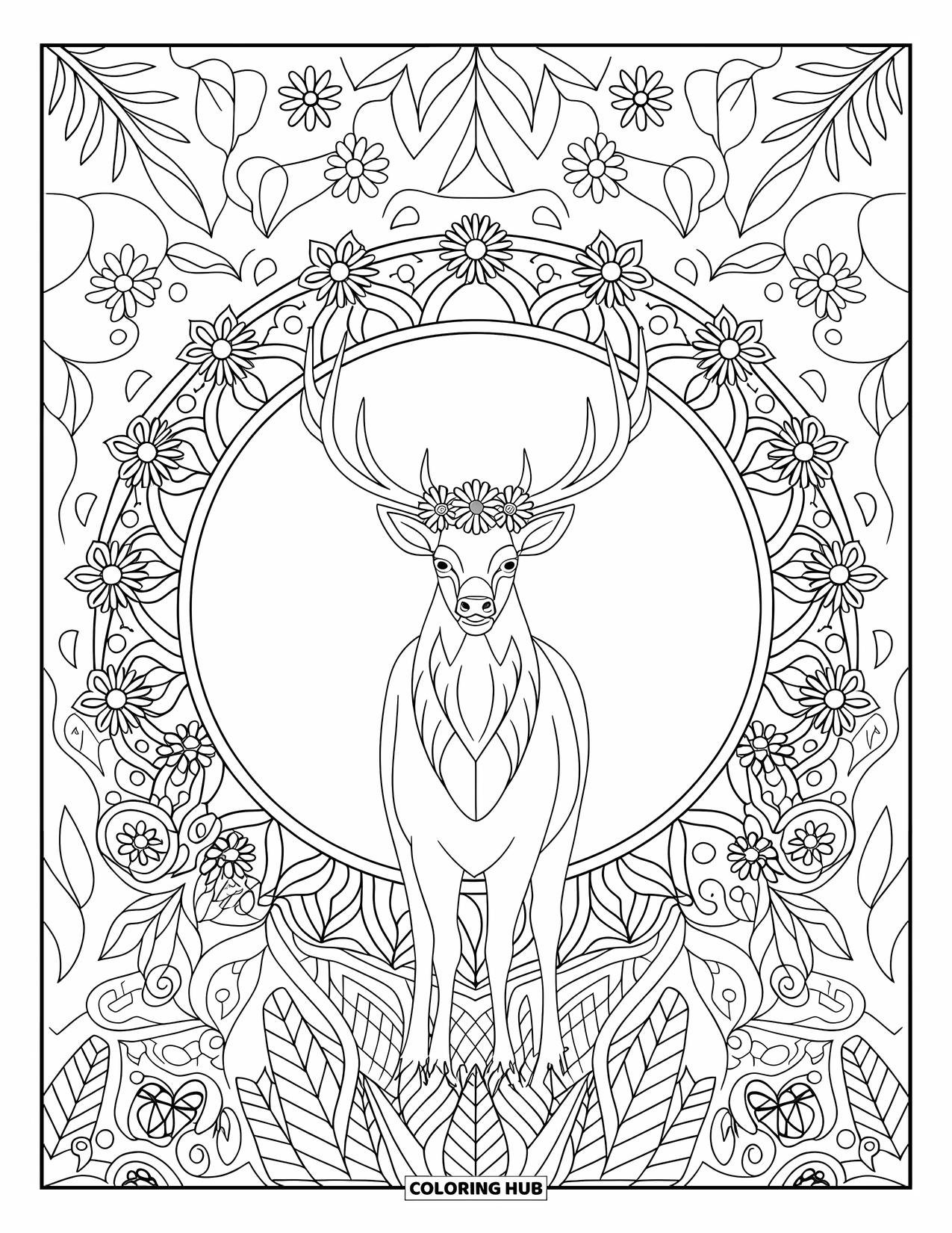 Elk Coloring Page for Adults: Elk with a flower crown stands calmly in a mandala of vines, leaves, and blossoms