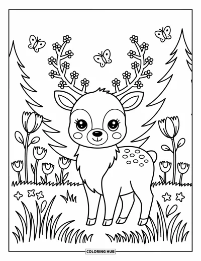 Desen de colorat cu wapiti pentru adulți: Wapiti kawaii într-o poieniță liniștită înconjurat de iarbă, flori și fluturi