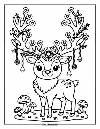Desen de colorat cu wapiti pentru adulți: Wapiti kawaii stând mândru pe mușchi cu coarne decorate cu flori și mici ornamente