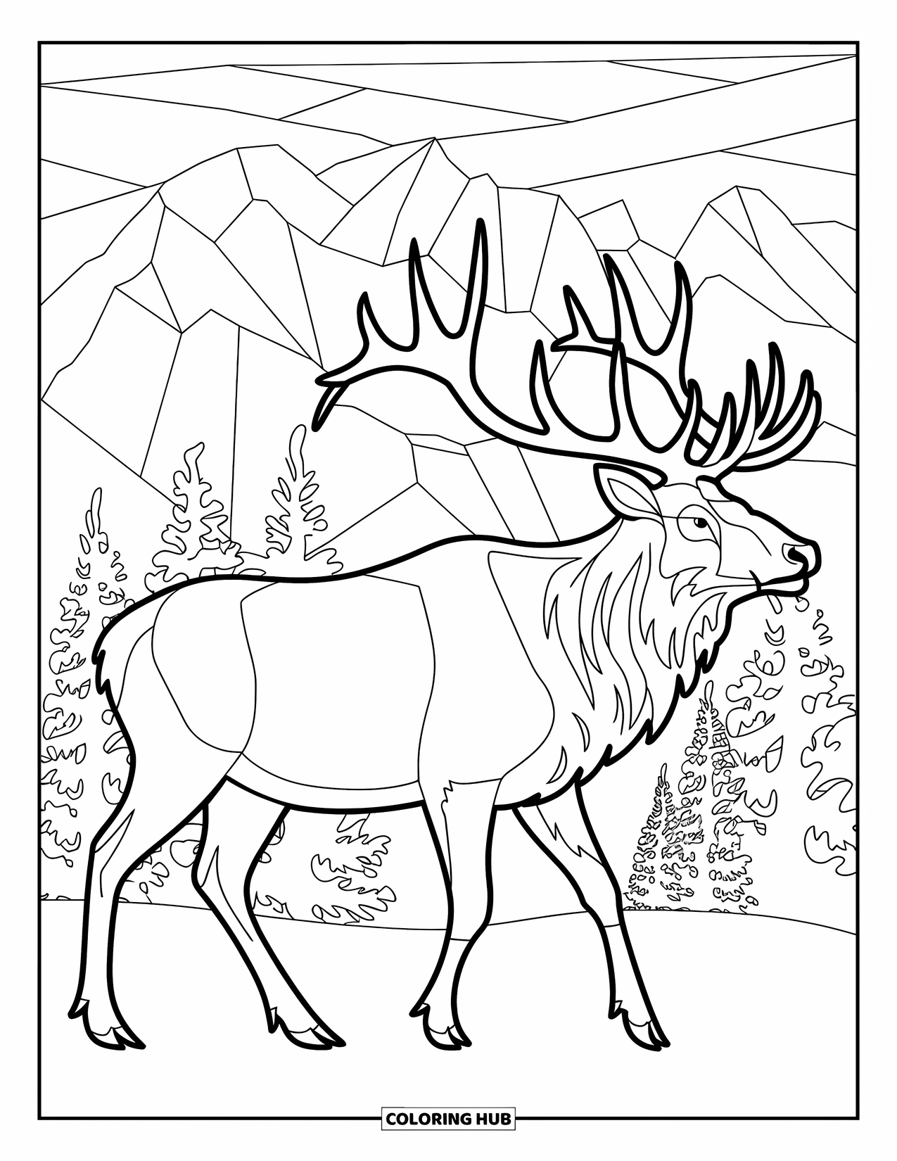 Elk Coloring Page for Adults: Majestic elk walks through stained glass mountains and pine trees