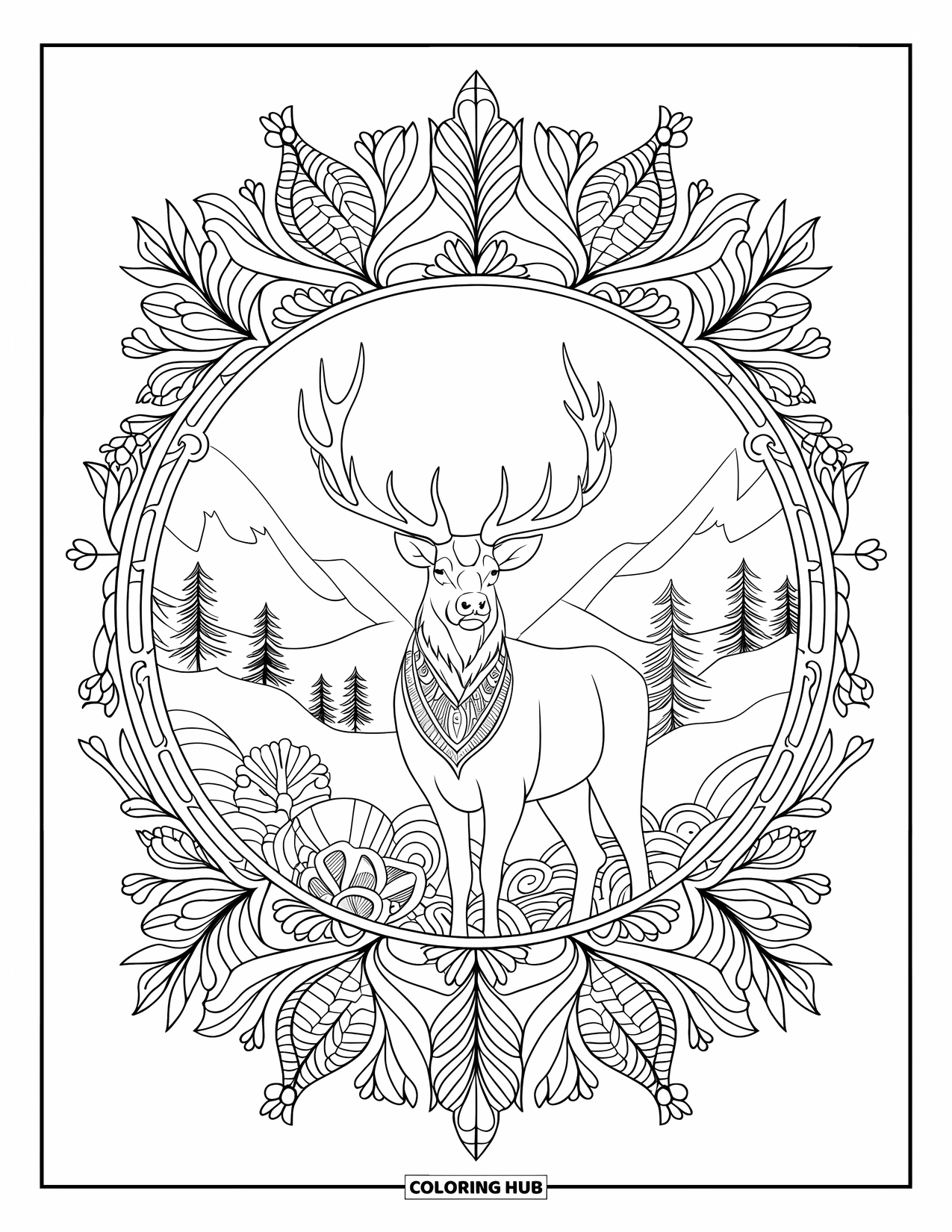 Elk Coloring Page for Adults: Ornate elk with closed eyes stands in a botanical mandala filled with flowers and vines