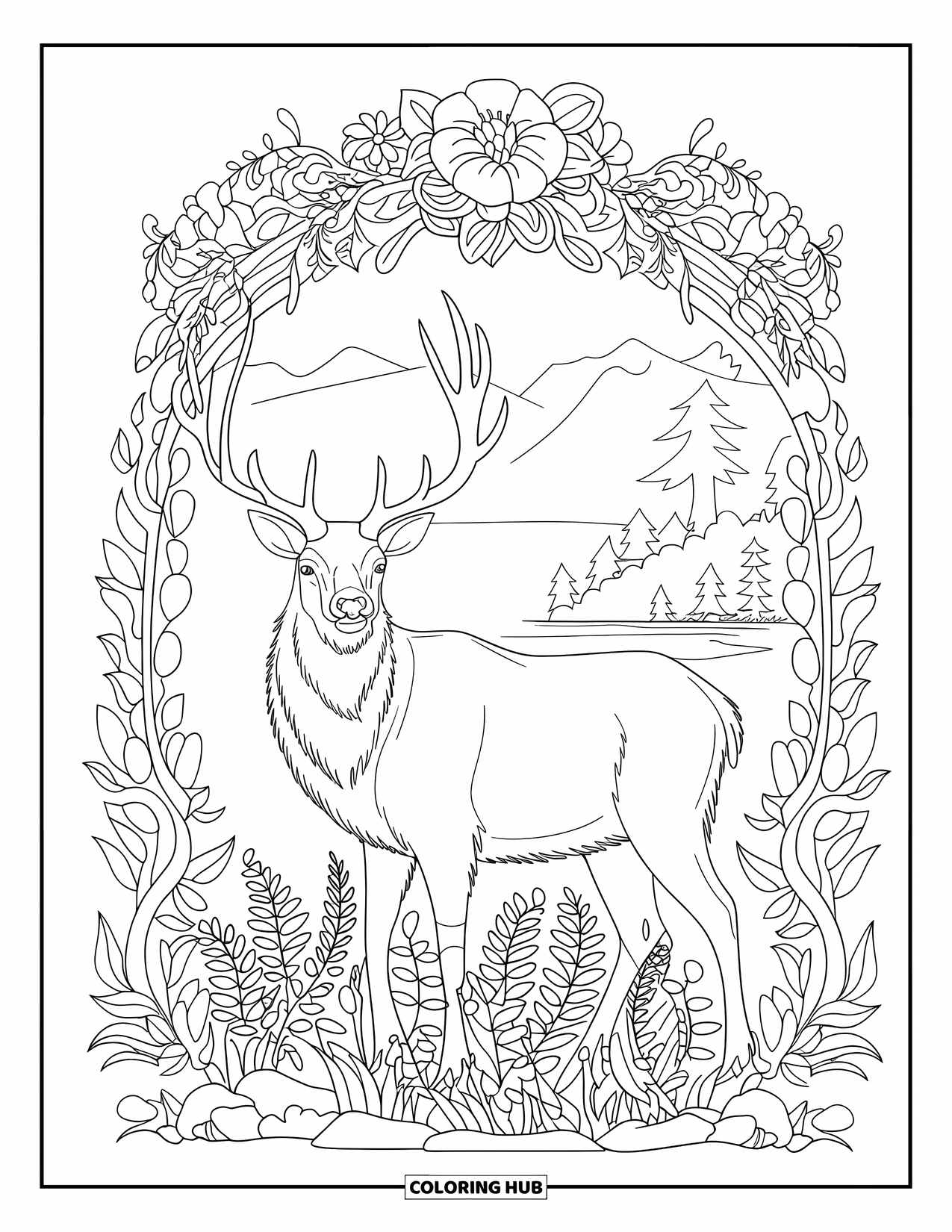 Elk Coloring Page for Adults: Peaceful elk stands in ferns beneath a floral arch with mountains and trees behind