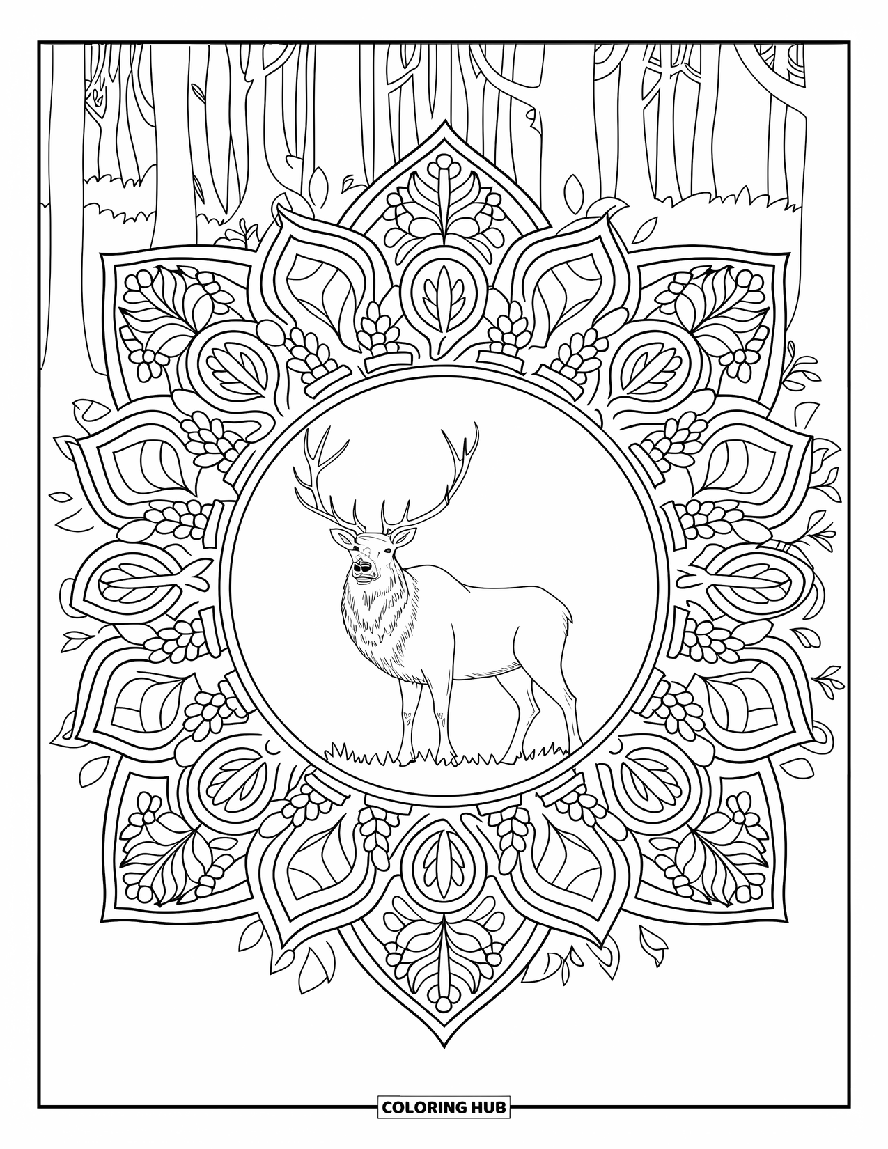 Elk Coloring Page for Adults: Regal elk with ornate antlers stands in the center of a botanical mandala