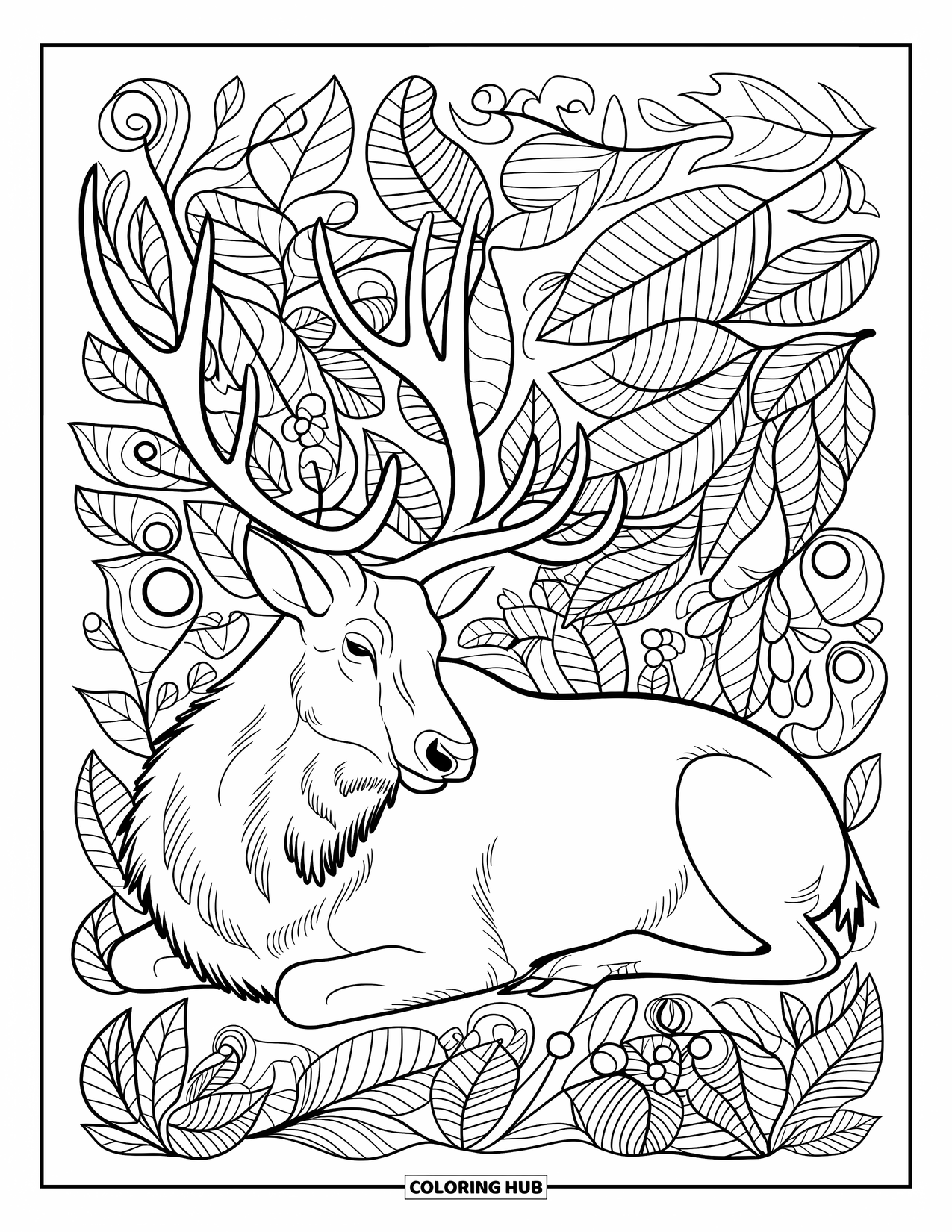 Elk Coloring Page for Adults: Resting elk surrounded by detailed botanical patterns in a relaxing floral scene