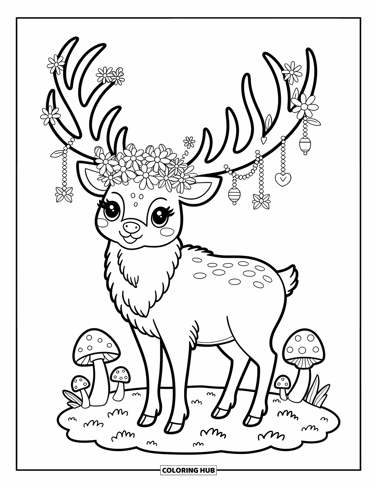 Elk Coloring Page for Adults: Serene elk wears a floral crown and stands on moss among mushrooms and vines