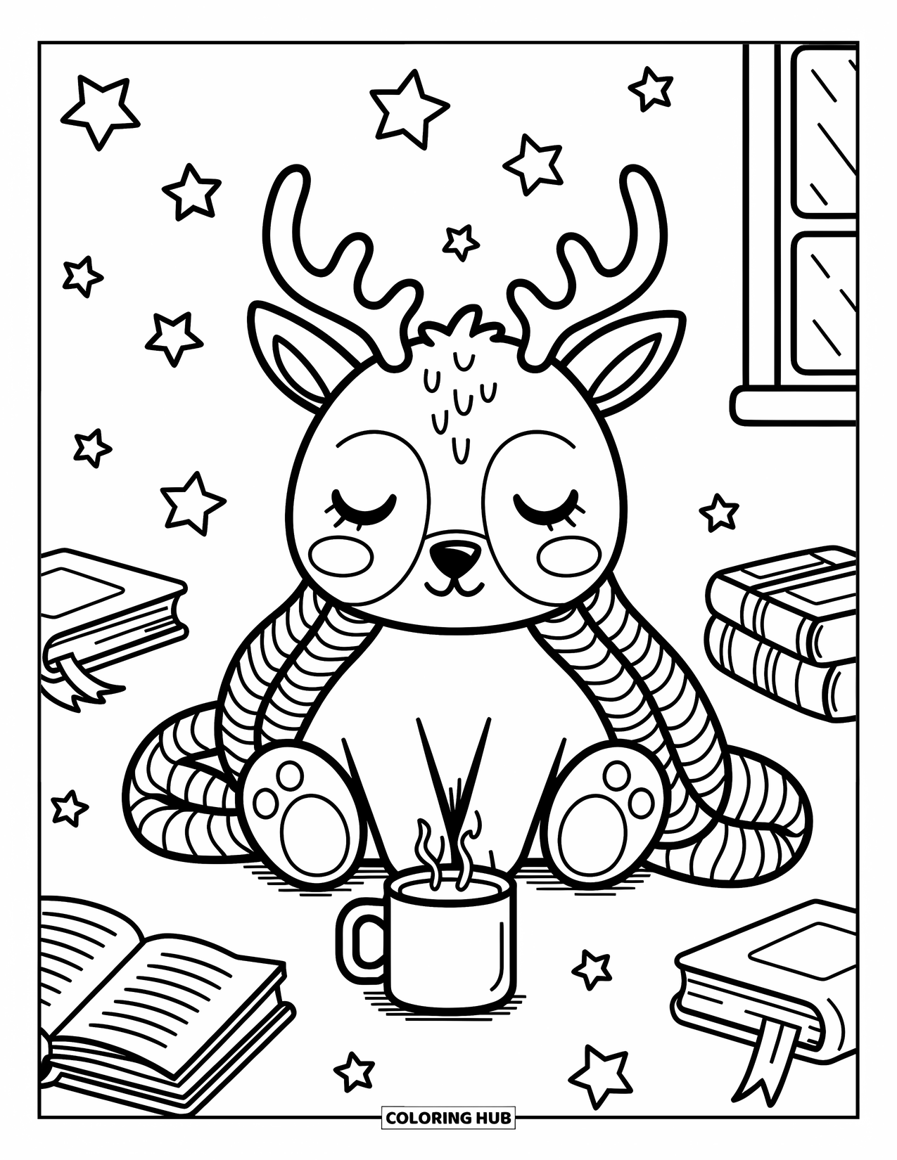 Elk Coloring Page for Adults: Snuggled elk with a blanket and hot drink rests under a starry, moonlit window