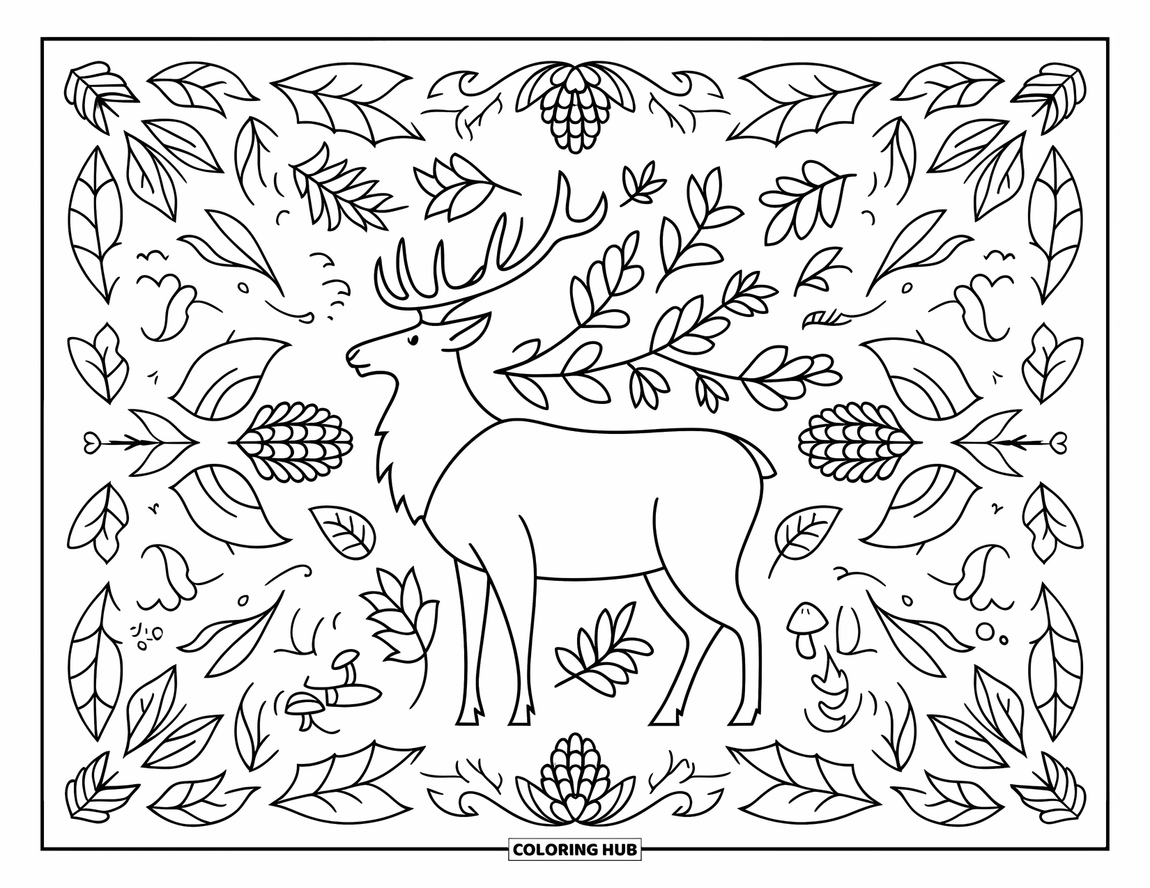 Elk Coloring Page for Adults: Standing elk with bold outlines framed by woodland mushrooms, leaves, and pinecones