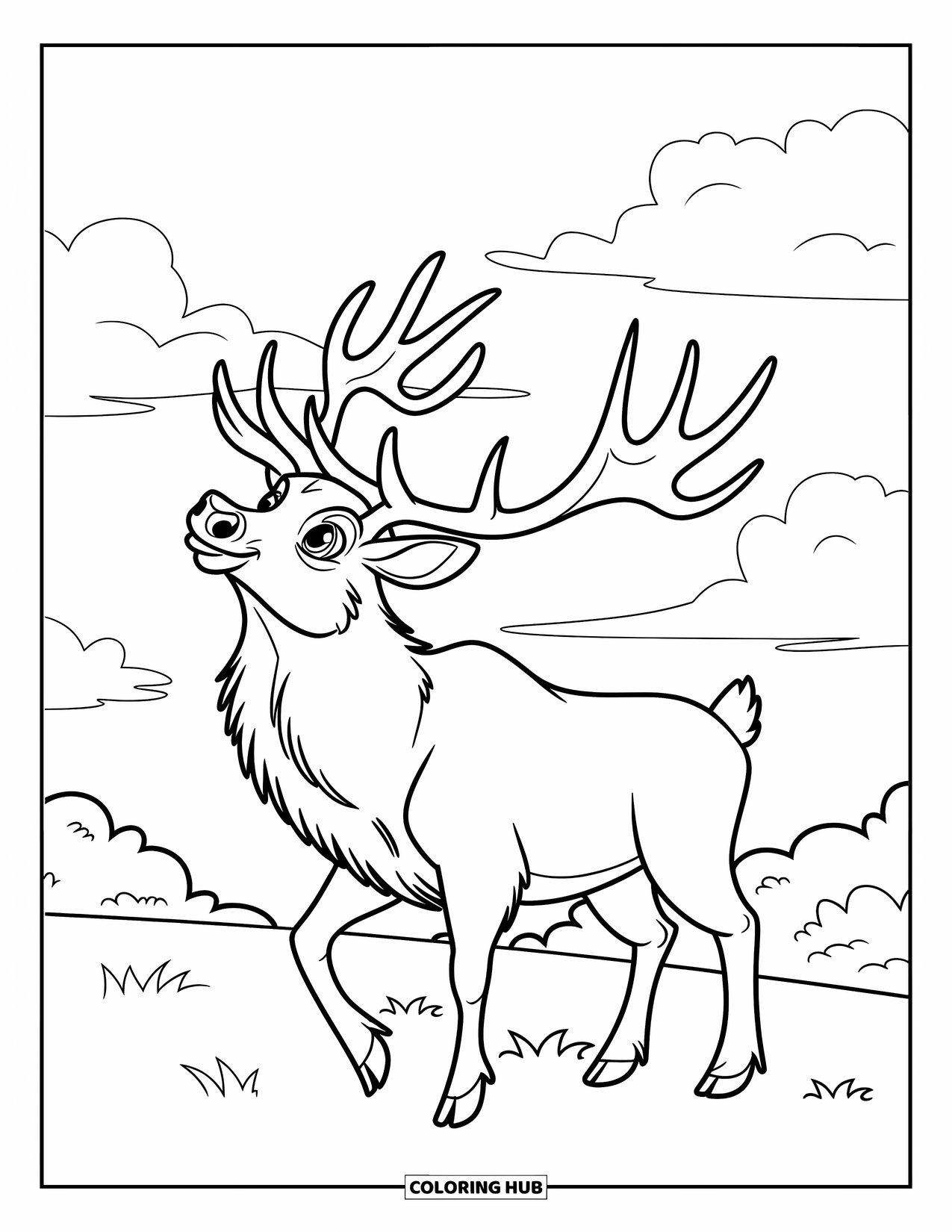 Elk Coloring Page for Kids: Adorable elk with big antlers looks at the clouds in a blue sky