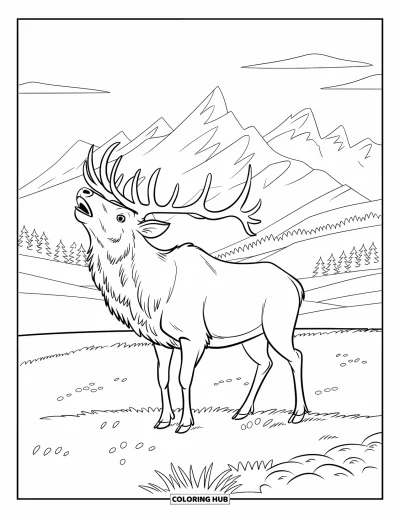 Desen de colorat cu wapiti pentru copii: Wapiti răcnind stând mândru într-un câmp sub un cer senin de munte