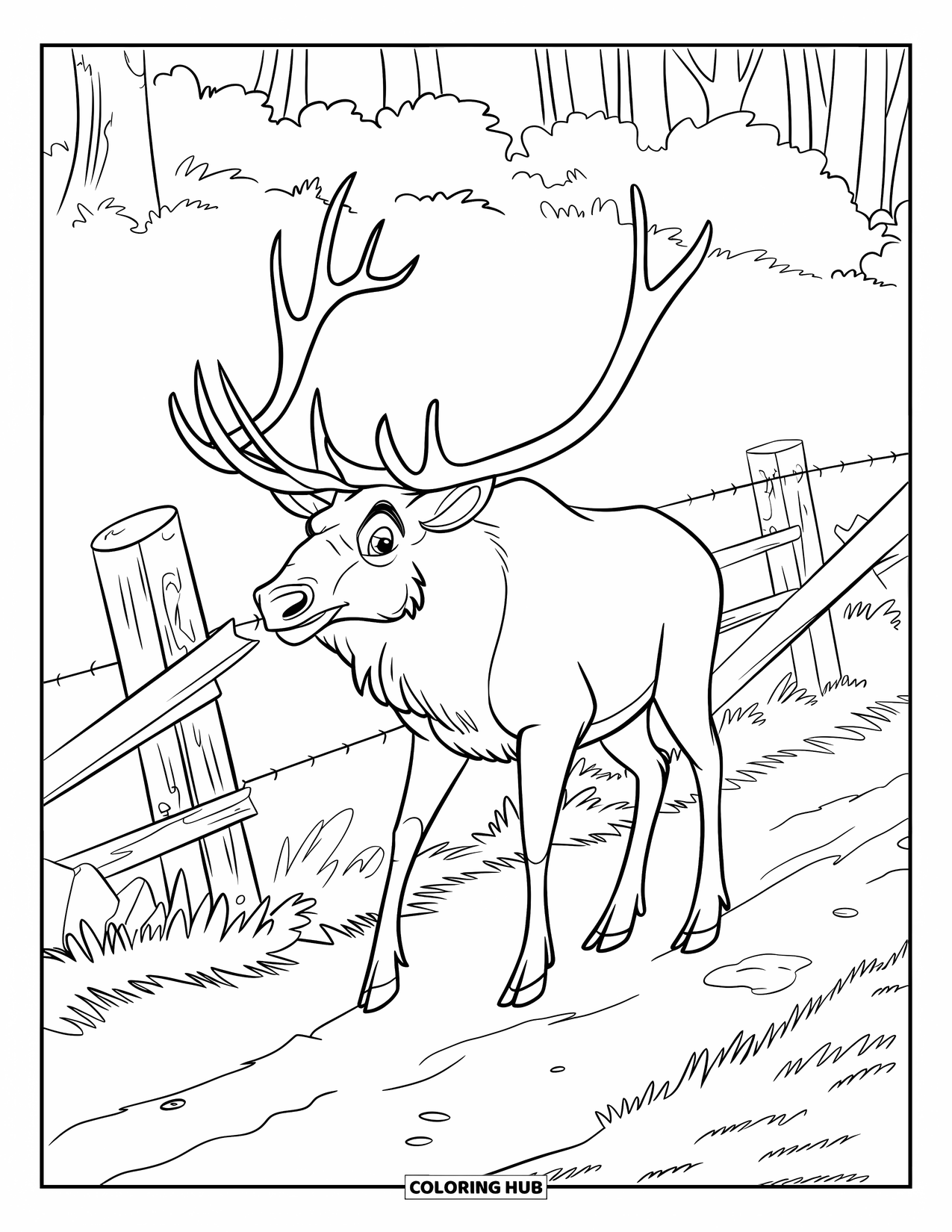 Elk Coloring Page for Kids: Calm elk walking past a broken fence along a forest path