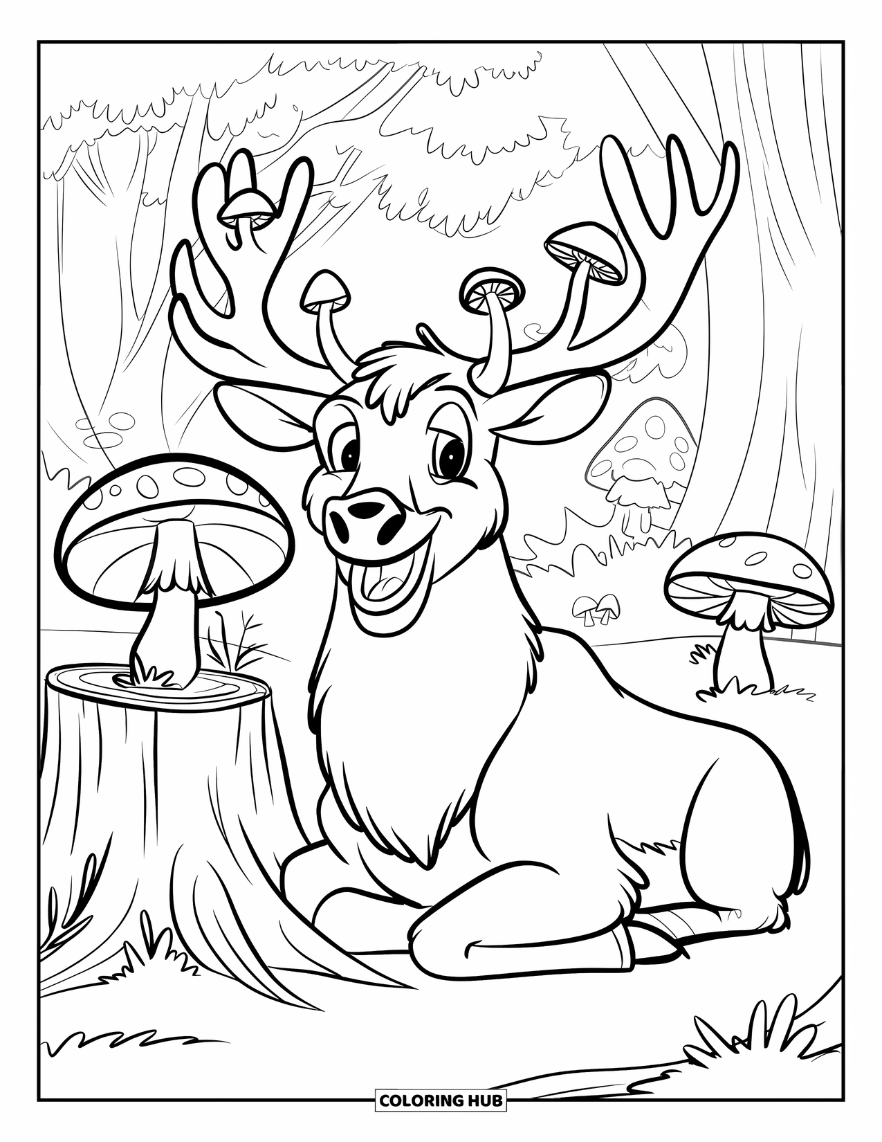 Elk Coloring Page for Kids: Cheerful elk with mushroom-topped antlers sits near a stump in the forest