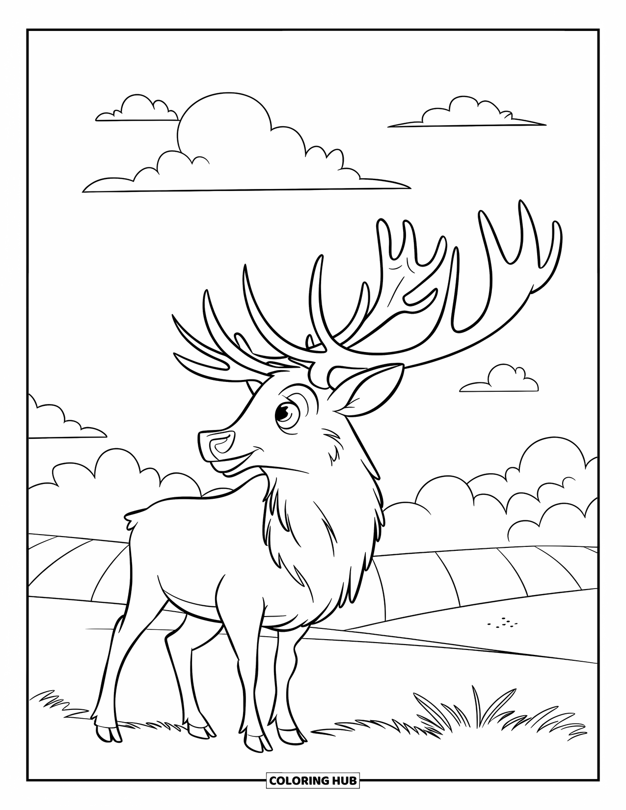 Elk Coloring Page for Kids: Cute elk with big antlers looks up at fluffy clouds in a green field