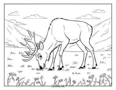 Desen de colorat cu wapiti pentru copii: Wapiti aplecându-se să pască printre flori sălbatice sub un cer de munte