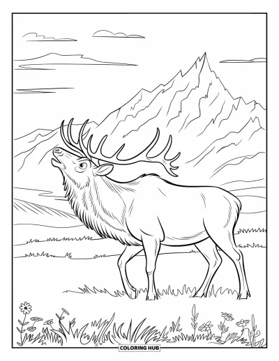 Desen de colorat cu wapiti pentru copii: Wapiti răcnind într-un câmp de flori sălbatice sub vârfuri ascuțite de munte