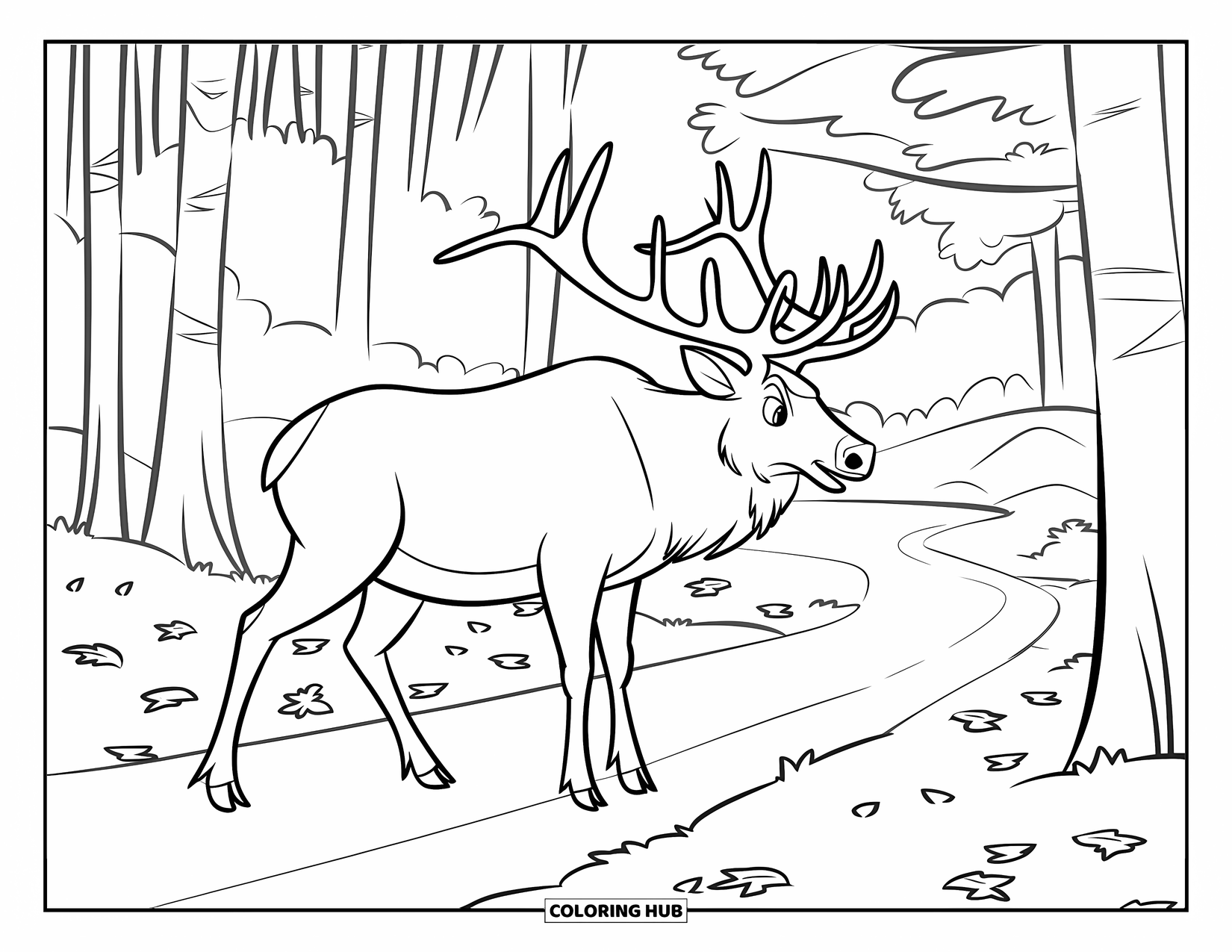 Elk Coloring Page for Kids: Elk on a leafy trail lined with tall trees and a clear path