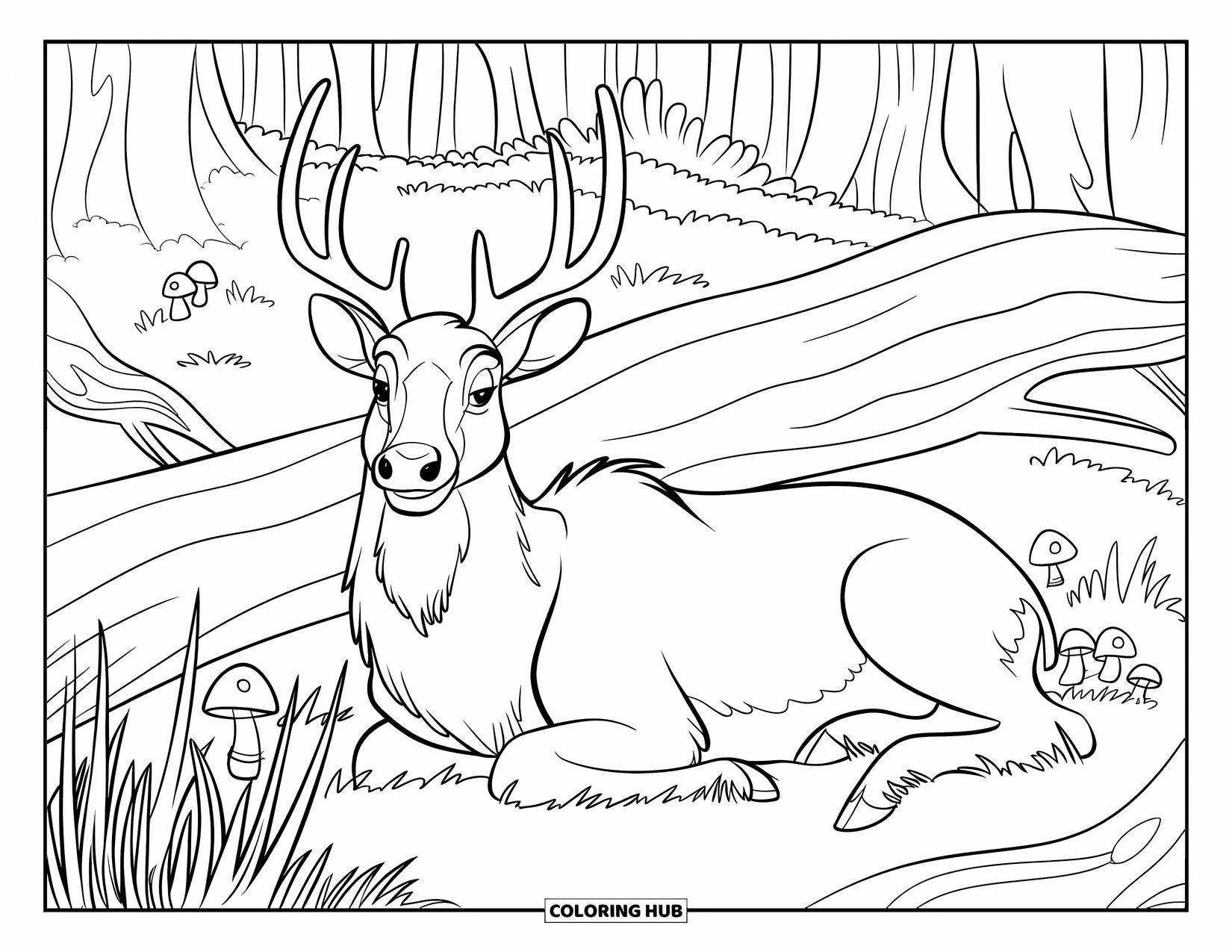 Elk Coloring Page for Kids: Elk peacefully lying near a fallen tree surrounded by tall grass and mushrooms