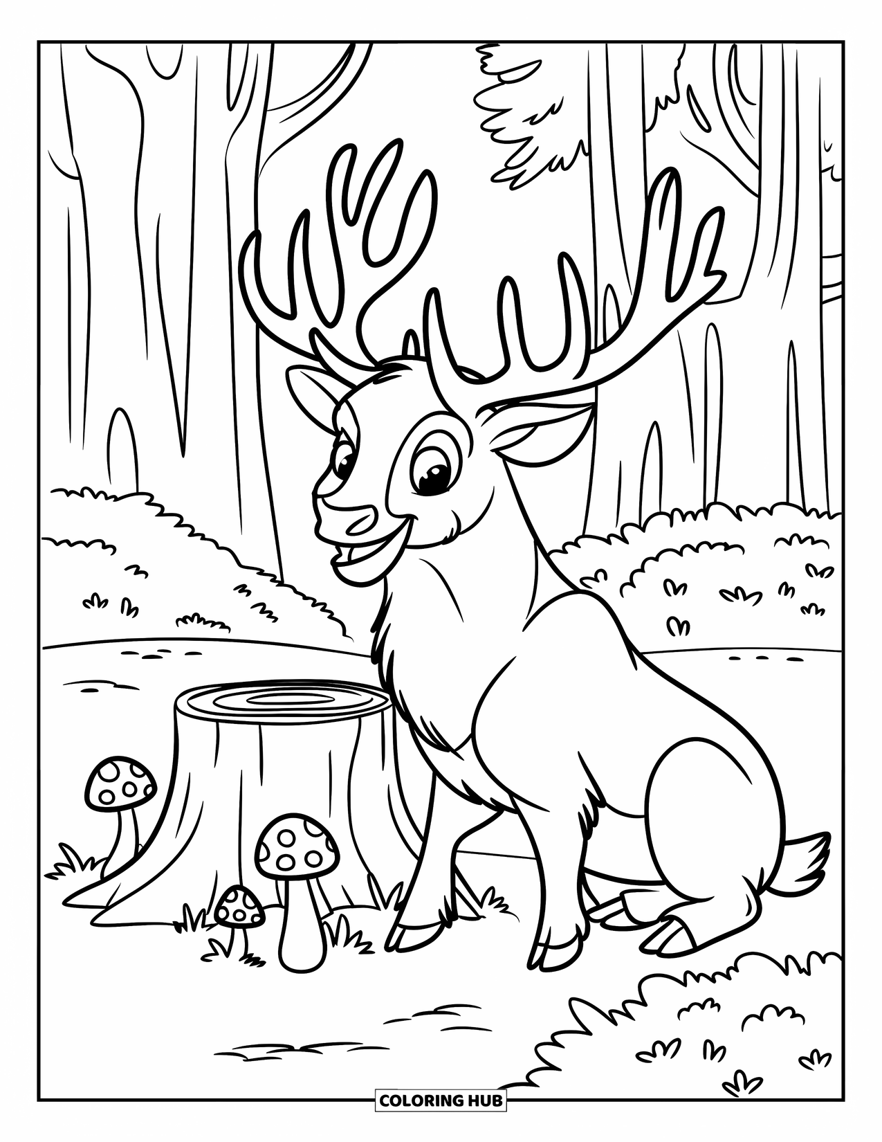 Elk Coloring Page for Kids: Elk smiles beside a tree stump surrounded by mushrooms and tall trees
