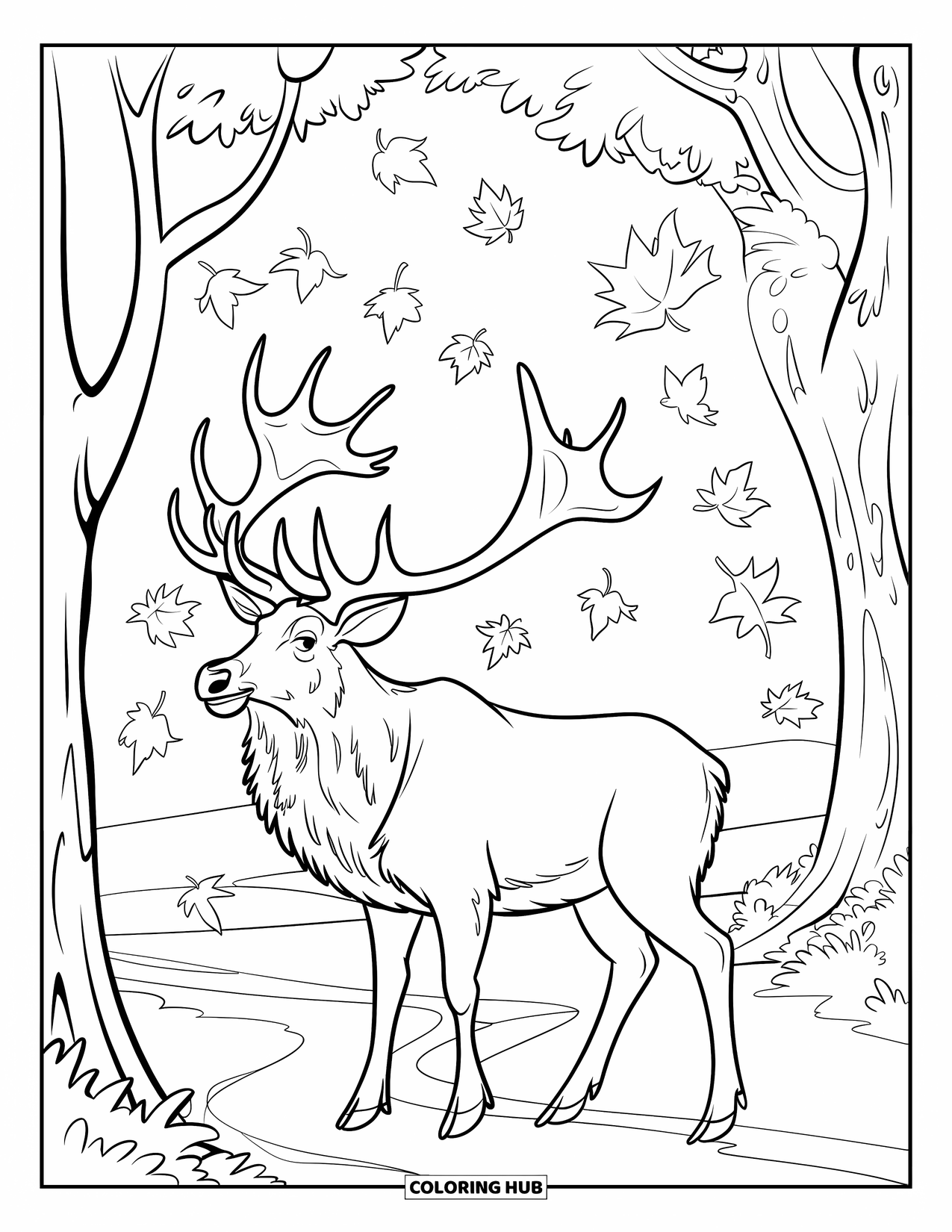 Elk Coloring Page for Kids: Elk stands beneath falling autumn leaves surrounded by forest trees