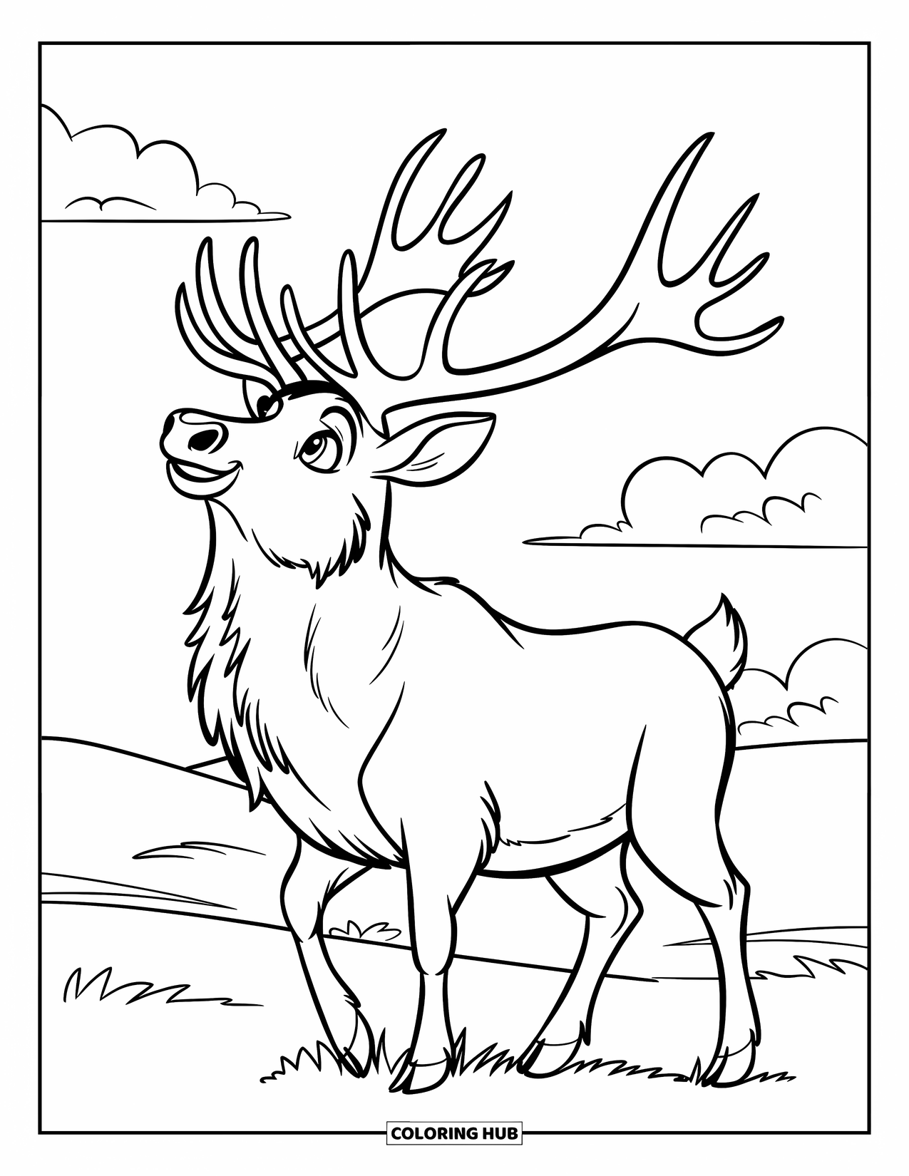 Elk Coloring Page for Kids: Elk stands in a grassy field, gazing up at the clouds