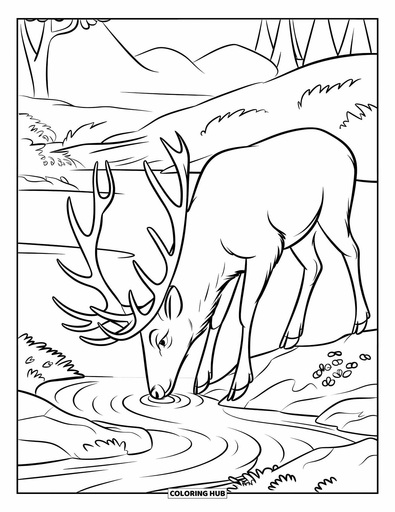 Elk Coloring Page for Kids: Elk with grand antlers drinks from a calm stream near mountain trees