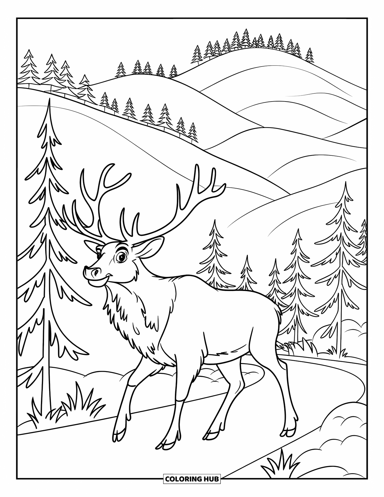 Elk Coloring Page for Kids: Elk with majestic antlers follows a forest path through pine trees