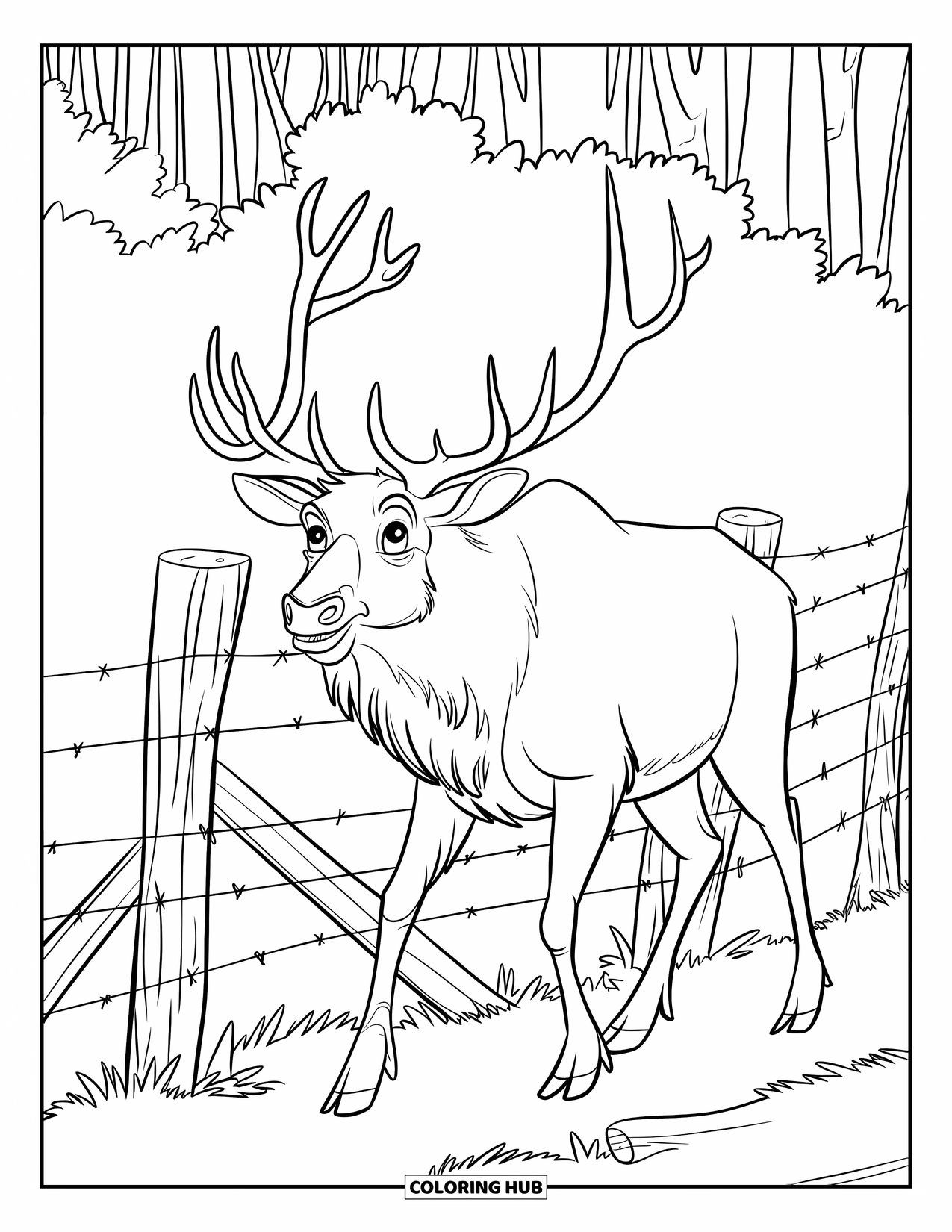 Elk Coloring Page for Kids: Elk with perked ears strolls beside a broken fence in a wooded area