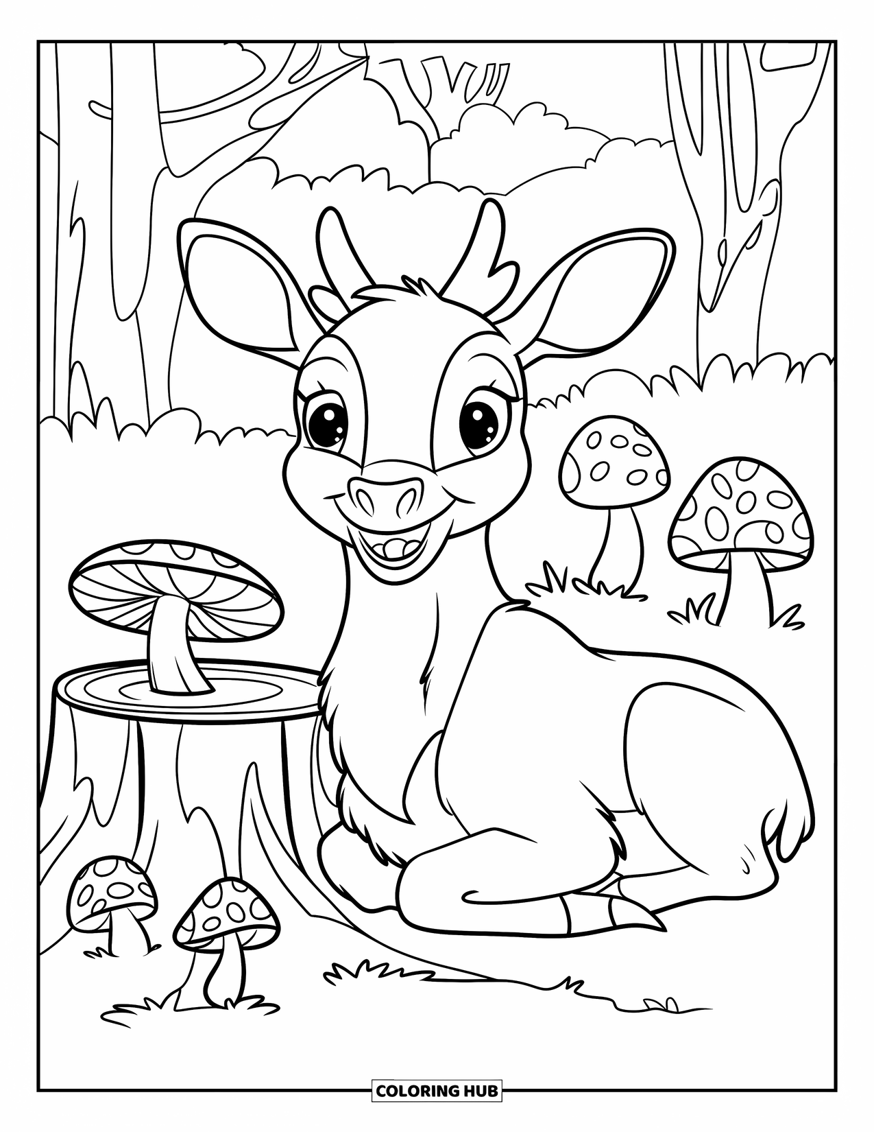 Elk Coloring Page for Kids: Happy elk sits beside a tree stump with mushrooms in a quiet forest