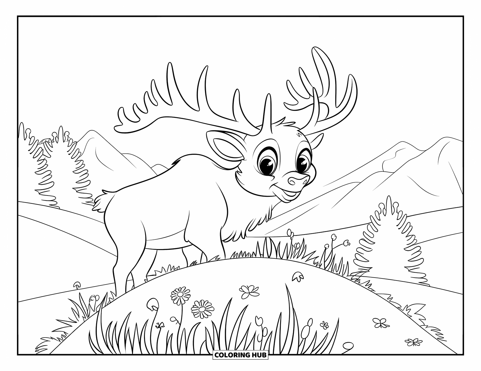 Elk Coloring Page for Kids: Round-faced elk with big eyes stands on a hill of grass and flowers