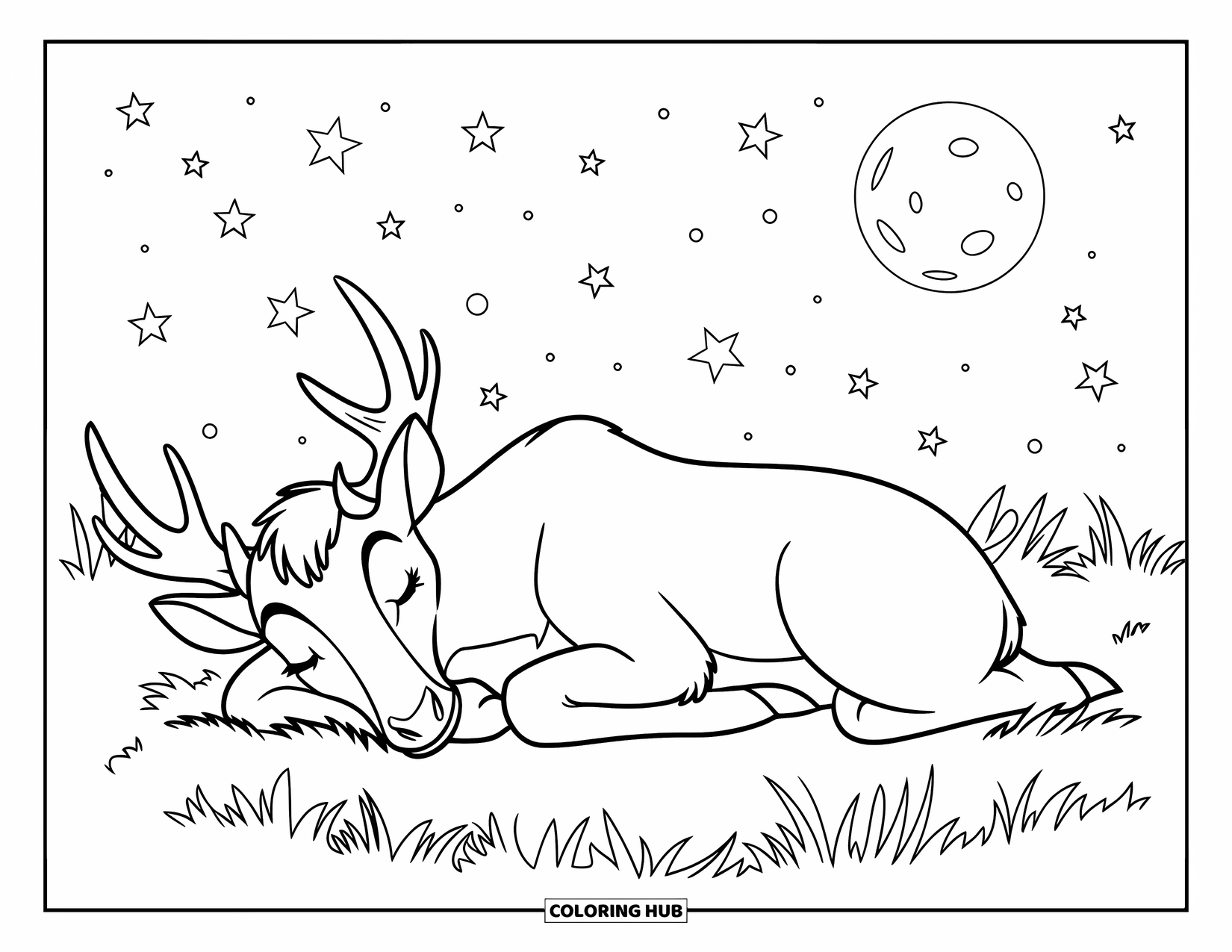 Elk Coloring Page for Kids: Sleepy elk lies peacefully on soft grass under a starry night and full moon