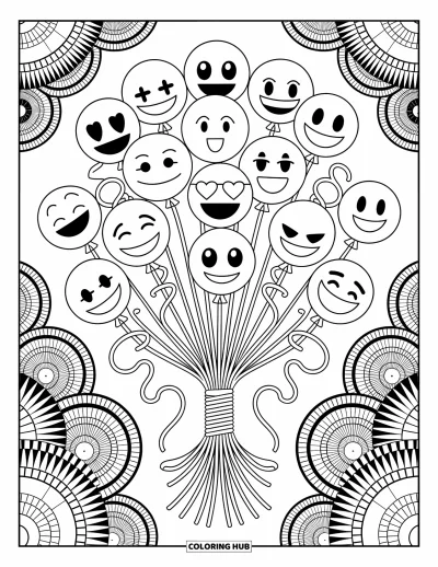 Coloriage d'emojis pour adultes : Un bouquet de ballons arborant des visages d'emojis noués par des rubans en spirale autour d'un mât central