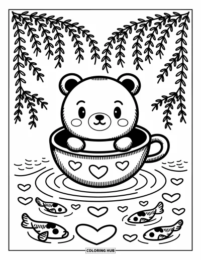Coloriage d'emojis pour adultes : Un emoji ours flotte tranquillement dans un bateau-tasse de thé sur un ruisseau de vaguelettes en forme de cœur