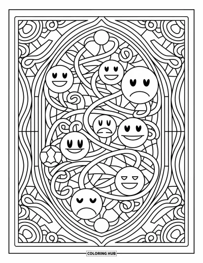 Coloriage d'emojis pour adultes : Un magnifique motif de vitrail avec des visages d'emojis entourés de vignes enroulées et de bordures ornementales