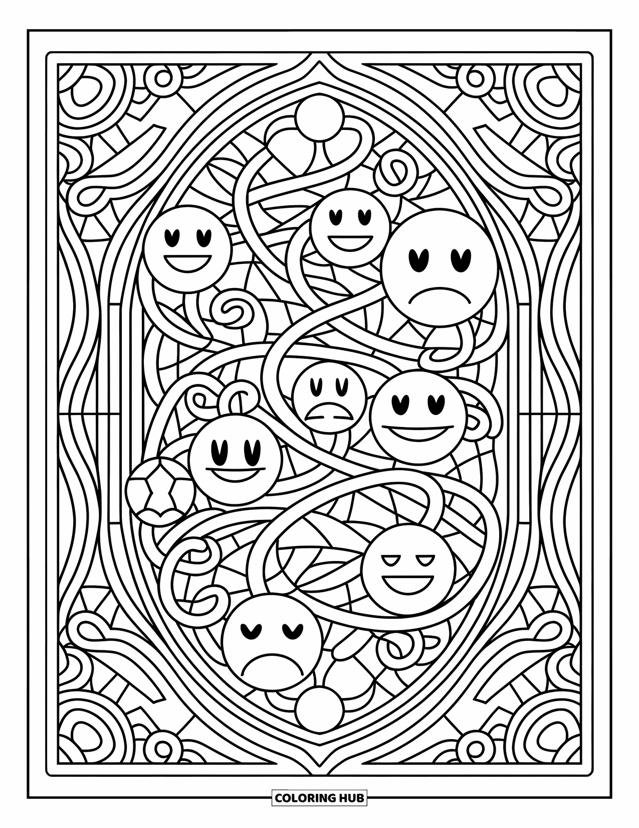 Emoji Coloring Page for Adults: A beautiful stained-glass design featuring emoji faces surrounded by curling vines and borders