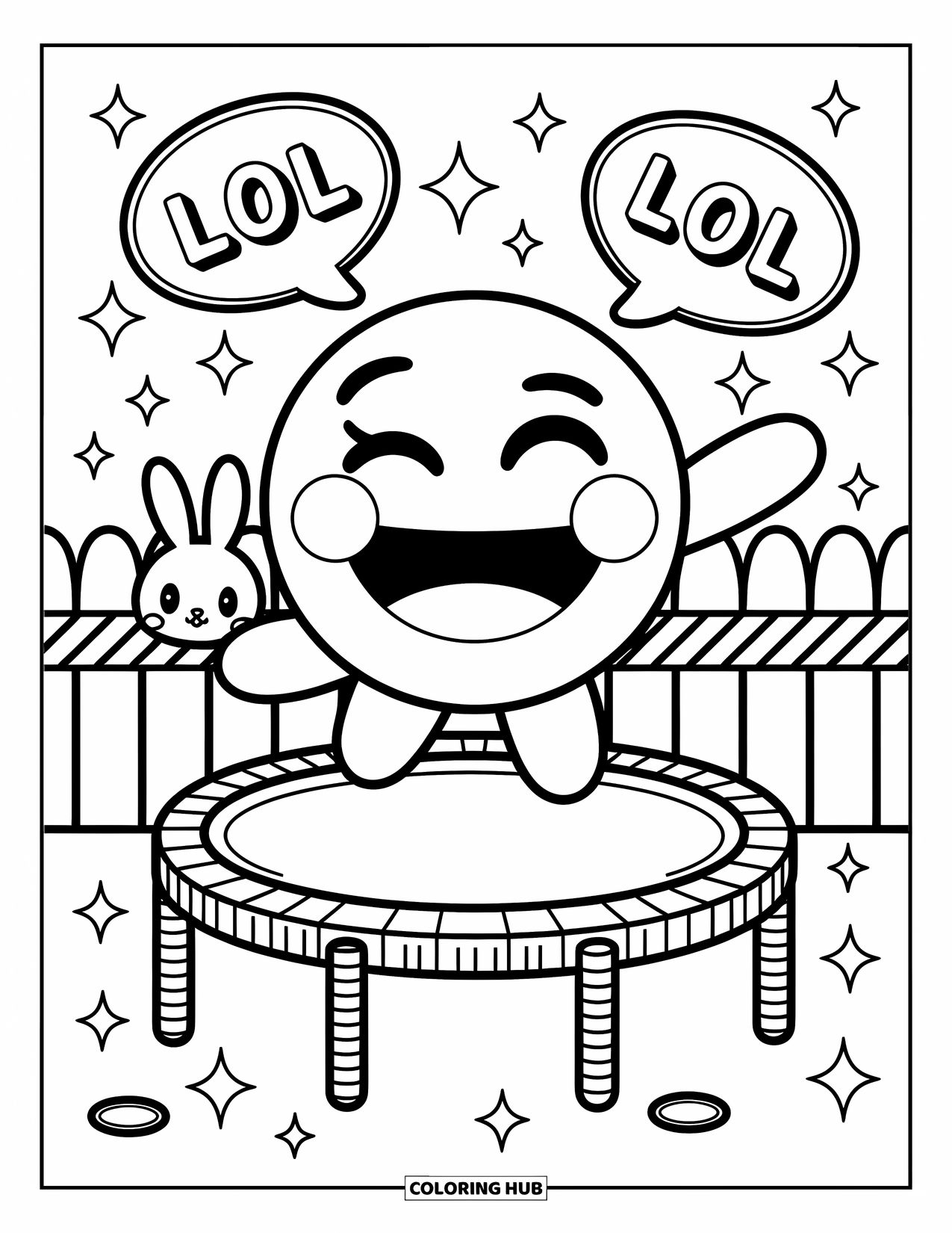 Emoji Coloring Page for Adults: A bouncy emoji giggles on jelly trampoline while a bunny peeks behind a striped fence
