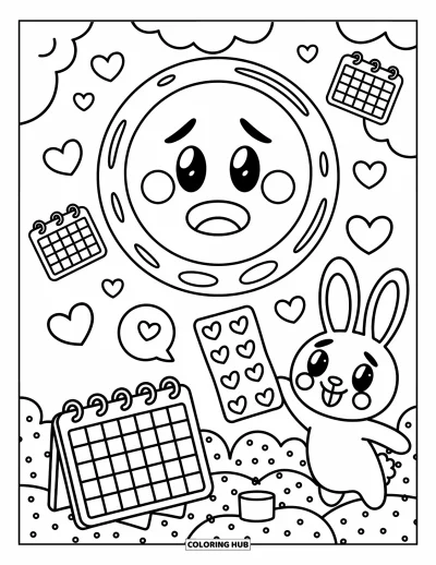 Coloriage d'emojis pour adultes : Un calendrier festif et un lapin serviable offrent leur aide pendant qu'un emoji inquiet flotte au-dessus