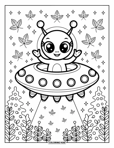 Coloriage d'emojis pour adultes : Un joyeux emoji extraterrestre fait signe depuis une soucoupe volante au-dessus d'une forêt féerique avec des insectes lumineux