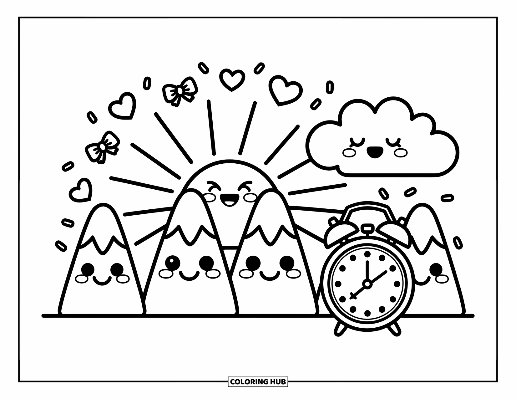 Emoji Coloring Page for Adults: A cheerful sun emoji rises behind smiling peaks with rays shaped like hearts and bows