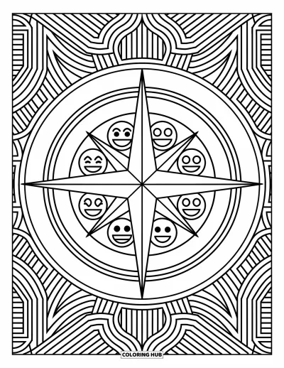 Coloriage d'emojis pour adultes : Une rose des vents faite de visages d'emojis superposés, entourée de motifs artistiques et détaillés