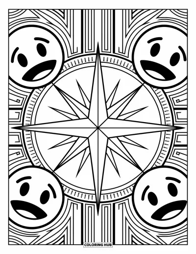 Coloriage d'emojis pour adultes : Une rose des vents où chaque direction arbore un visage d'emoji exprimant une émotion différente