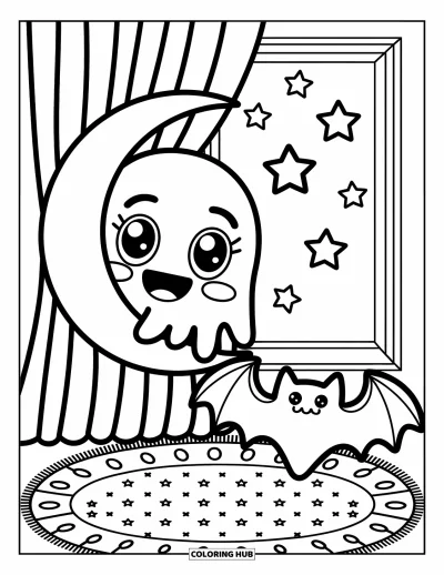 Coloriage d'emojis pour adultes : Un coussin-chauve-souris douillet et un tapis à motifs reposent près d'un fantôme qui pointe le nez derrière des rideaux en forme de lune