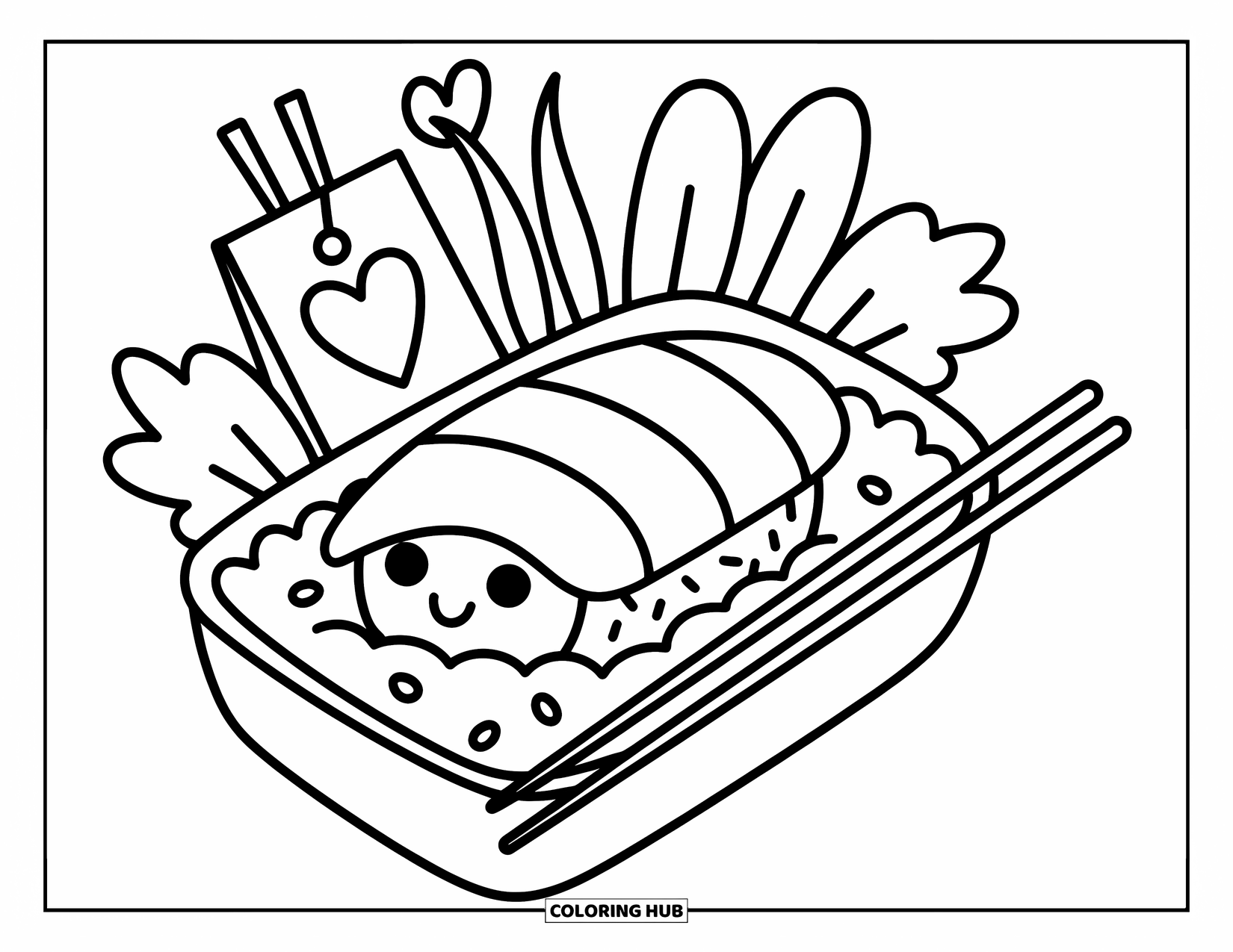Emoji Coloring Page for Adults: A cozy bento holds sushi and happy veggies with a soy sauce heart nearby