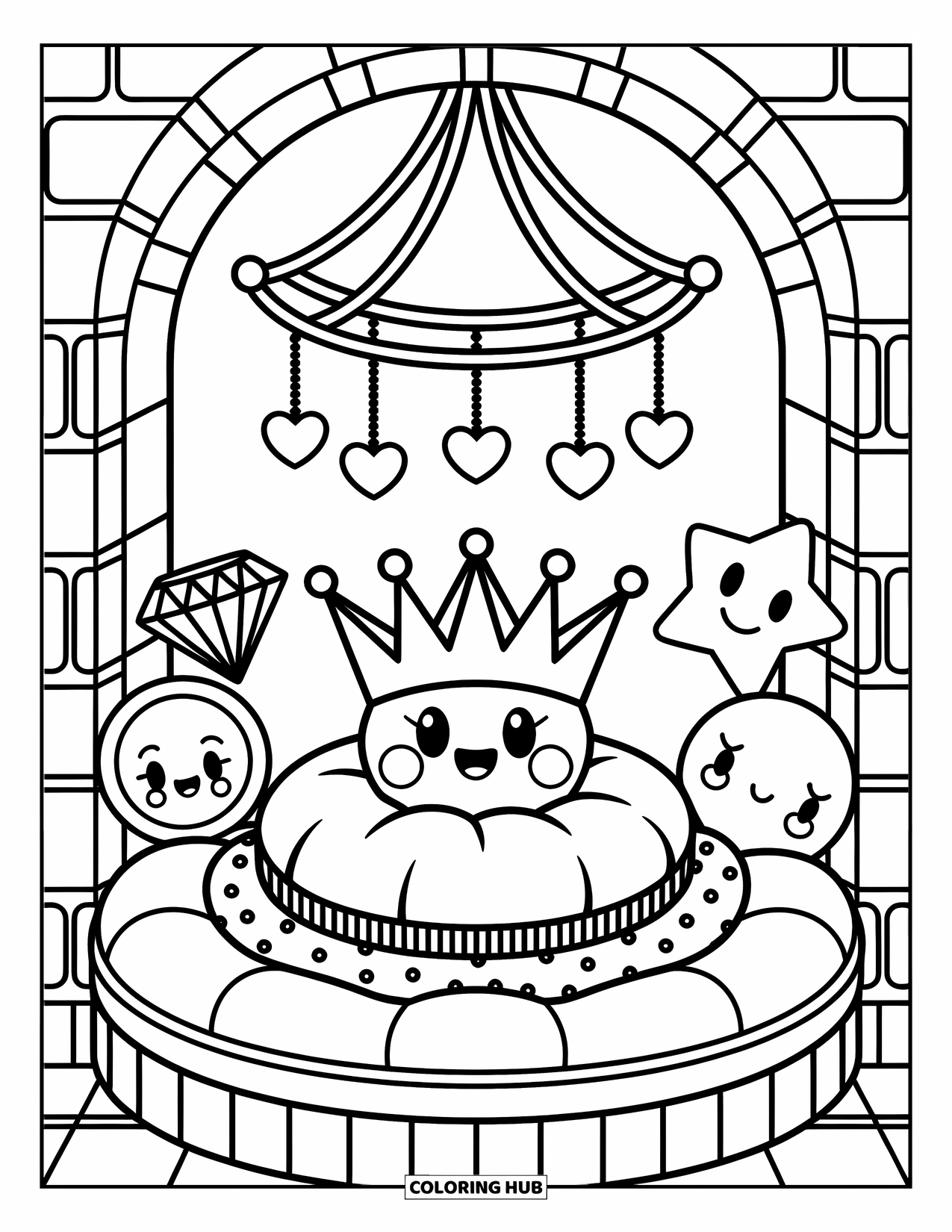 Emoji Coloring Page for Adults: A crown emoji sits regally in a tiny castle with diamond, star, and moon advisors