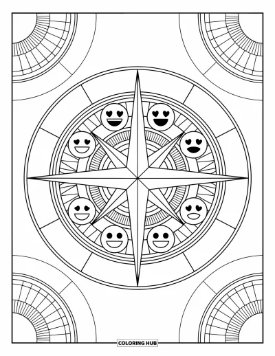 Coloriage d'emojis pour adultes : Une rose des vents détaillée avec des visages d'emojis exprimant différentes émotions et entourée de motifs